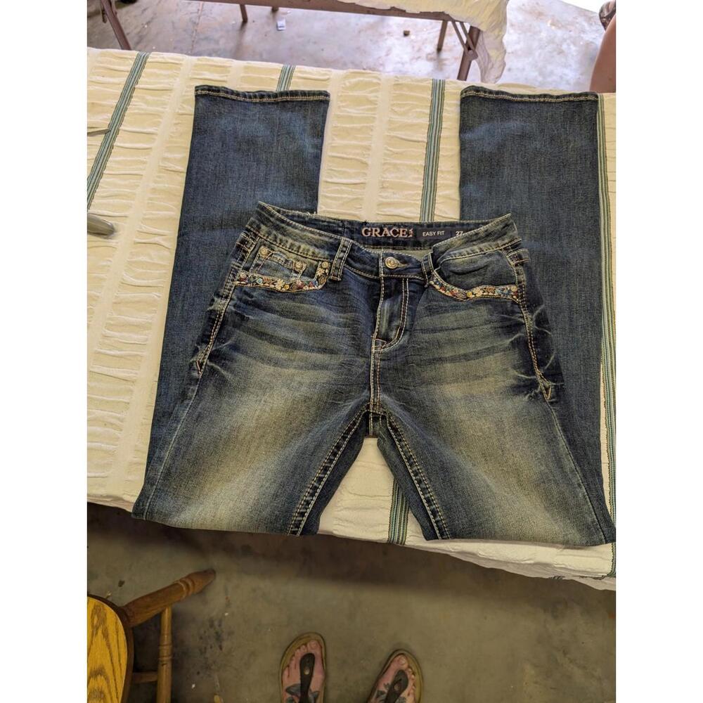 Grace In LA Women's Blue Floral Embroidery Denim Bootcut Jeans Size 27